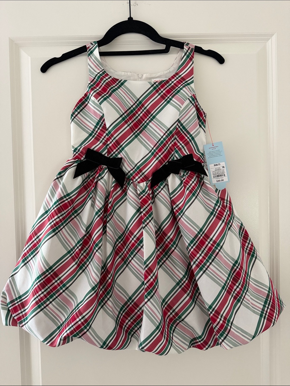 Girls White Red & Green Plaid Holiday Dress with Black Bow